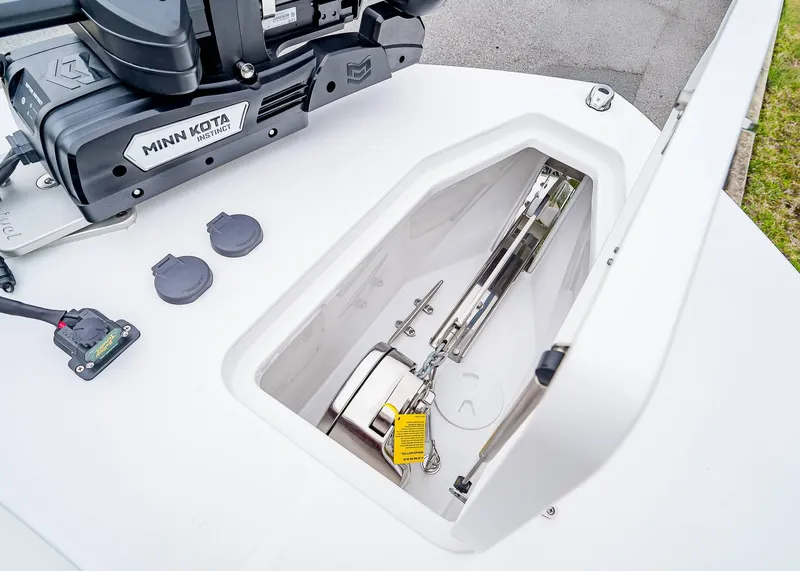 Slide: The Image of 2025 Sea Hunt Gamefish 30 CB anchor compartment with Minn Kota trolling motor. - 34
