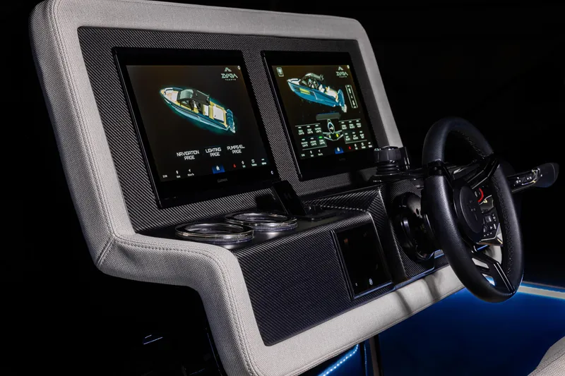 Slide: The Image of Futuristic 2025 Introductory ZYARA 44 dashboard with dual screens and steering wheel. - 1