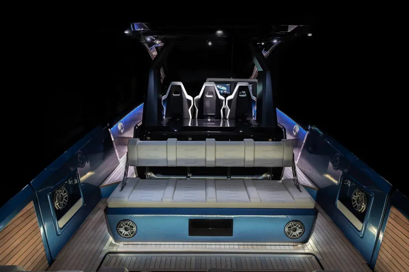 Slide: The Image of Luxurious 2025 Introductory ZYARA 44 yacht interior with modern seating and ambient lighting. - 2