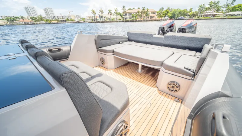 Slide: The Image of Luxurious 2025 Skipper 38 boat interior with spacious seating and scenic waterfront view. - 17