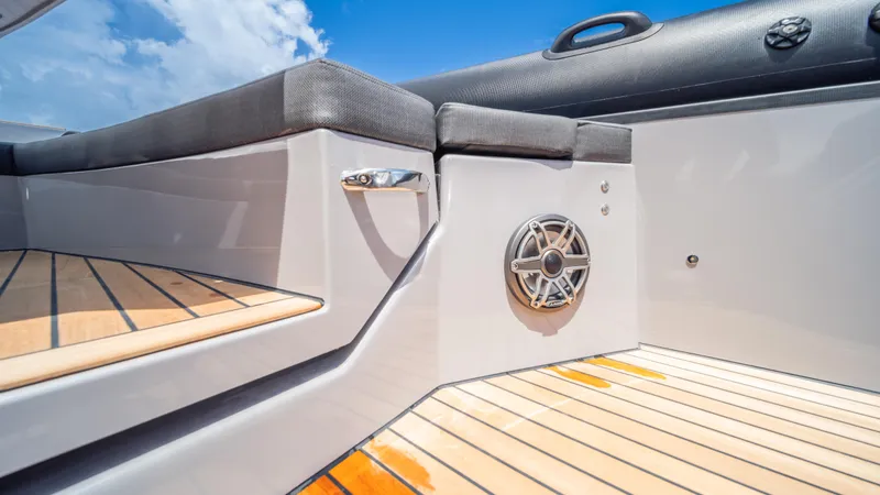 Slide: The Image of Luxury Skipper 38 boat interior with sleek design and wooden flooring, 2025 model. - 28