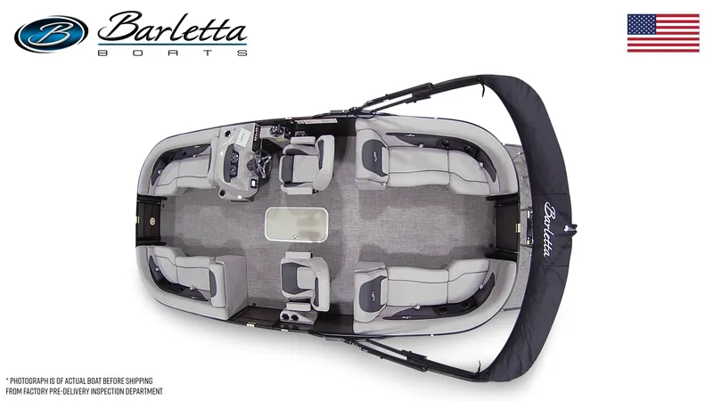 Slide: The Image of 2025 Barletta ARIA 22QC pontoon boat, top view, showcasing seating and layout. - 7
