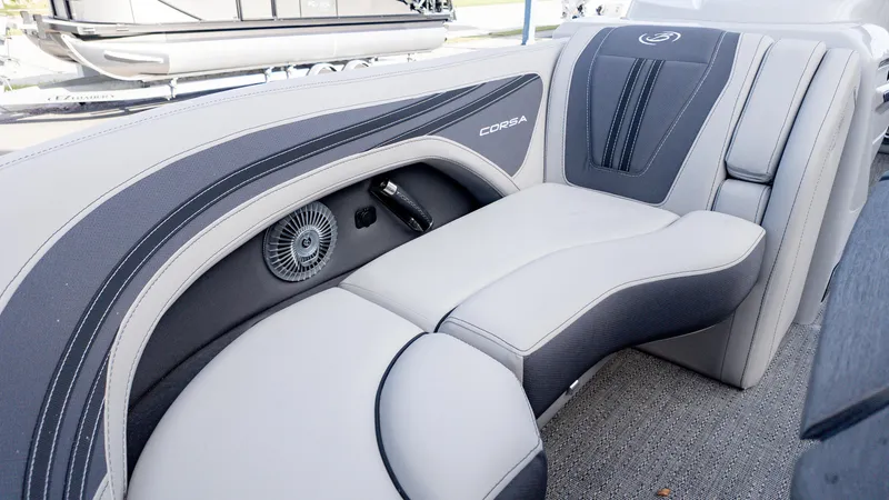 Slide: The Image of 2025 Barletta Corsa 23U boat interior with sleek, modern seating design. - 18