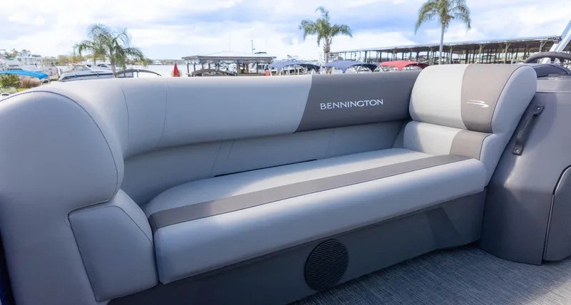 Slide: The Image of 2025 Bennington 20 SVS Stern Fish boat interior with gray seating. - 19