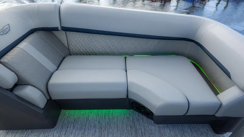 Slide: The Image of Luxurious seating on 2025 Bennington 22 MFB boat with elegant upholstery and ambient lighting. - 24