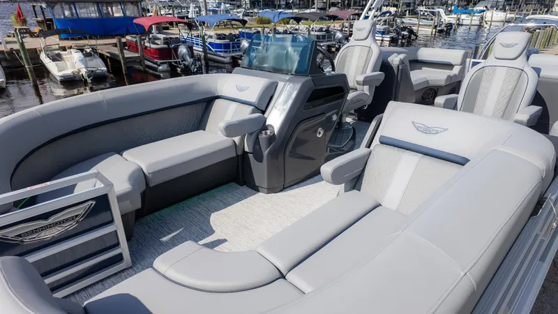 Slide: The Image of 2025 Bennington 22 MFB pontoon boat interior with luxurious seating and modern design. - 4