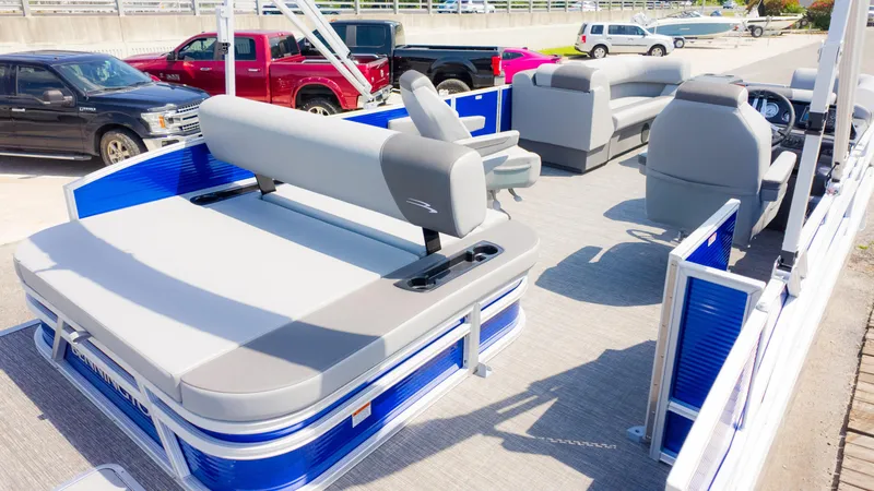 Slide: The Image of 2024 Bennington 22 SVSB pontoon boat with spacious seating and modern design. - 6