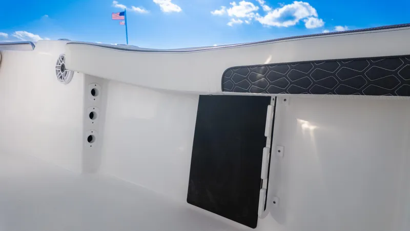 Slide: The Image of 2025 Tidewater 220cc boat interior with sleek design, speaker, and American flag in background. - 11