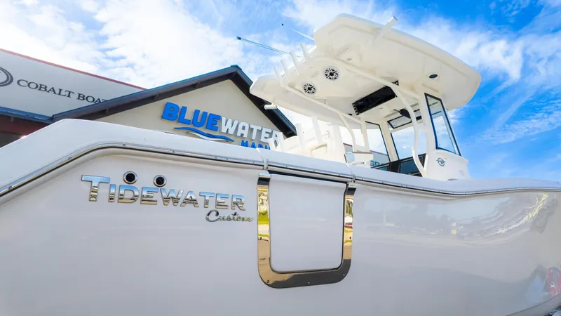 Slide: The Image of 2025 Tidewater 282CC boat at Bluewater Marina under a clear sky. - 10