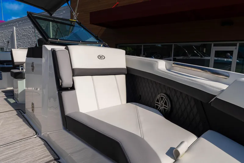 Slide: The Image of 2024 Cobalt R6 OB boat interior with luxurious seating and modern design. - 45