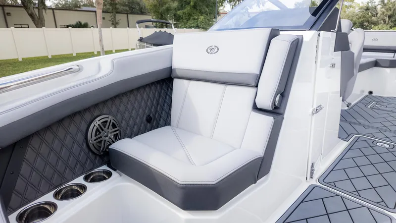 Slide: The Image of 2025 Cobalt R6OB boat interior with luxurious seating and modern design features. - 29