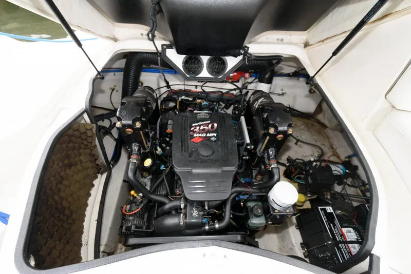 Slide: The Image of Engine compartment of a 2008 Sea Ray 260 Sundeck boat, showcasing the 250 MAG MPI engine. - 10