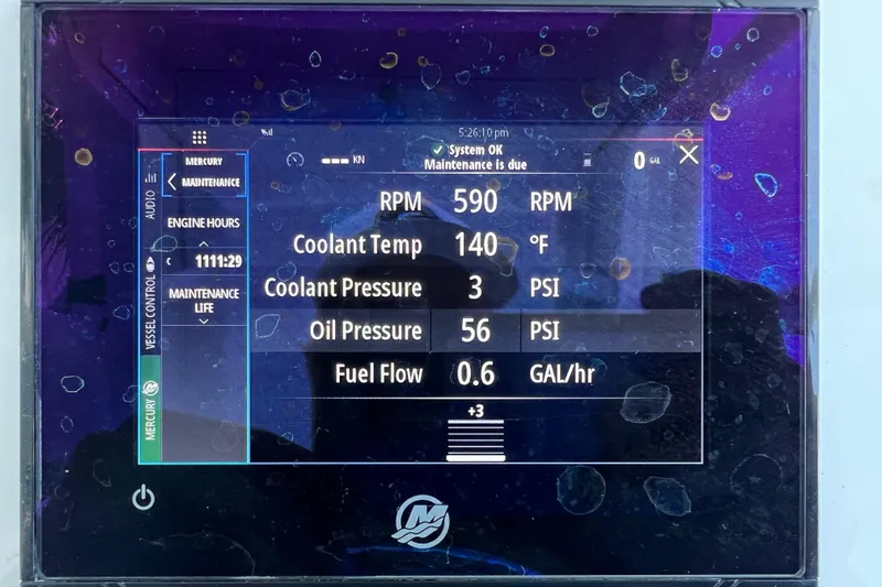 Slide: The Image of Engine display showing RPM, coolant temperature, pressure, and fuel flow for 2017 Conch 30. - 16