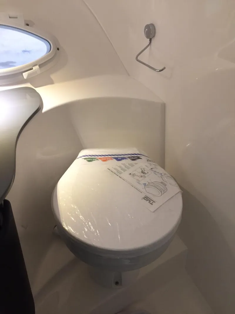 Slide: The Image of Compact bathroom in Hanover 305, 2025 model, featuring a modern toilet and sleek design. - 6