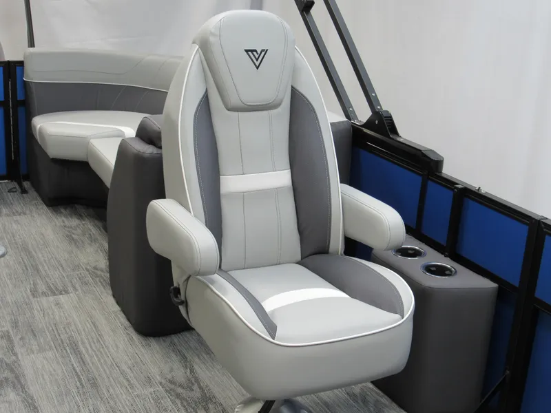 Slide: The Image of Luxurious Viaggio X24U 2025 boat seating with gray and white upholstery, featuring cup holders. - 10