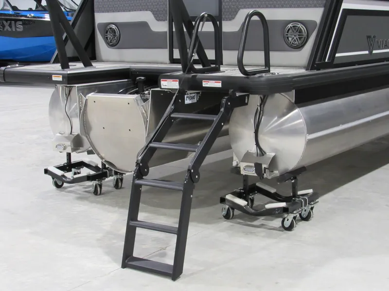 Slide: The Image of Rear view of 2025 Viaggio Z22Q pontoon boat with ladder and aluminum pontoons. - 4