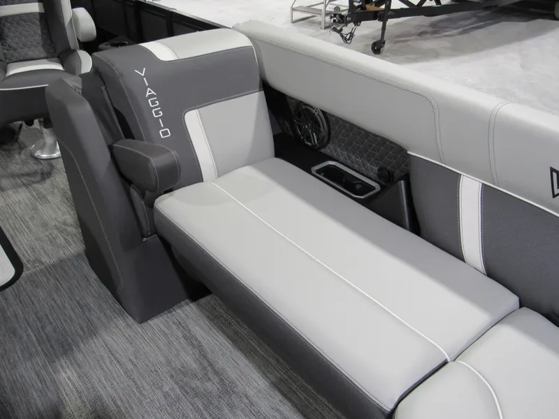 Slide: The Image of Luxurious seating in 2025 Viaggio Z22Q boat, featuring sleek gray and white upholstery. - 6