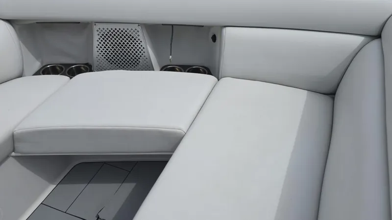 Slide: The Image of Luxurious seating on 2020 Aviara AV32 OB boat, featuring sleek white upholstery. - 5