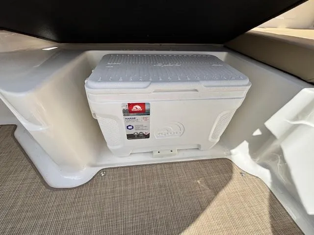 Slide: The Image of 2018 Sea Ray SPX 210 boat interior with a white cooler on beige flooring. - 8