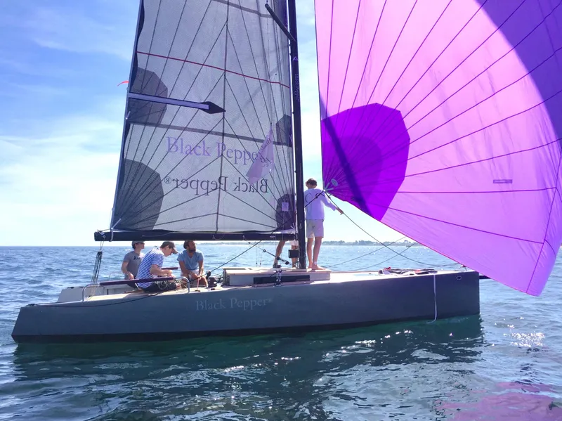Slide: The Image of Sailboat "Black Pepper Code#" with purple sail on open water, 2025 model. - 3