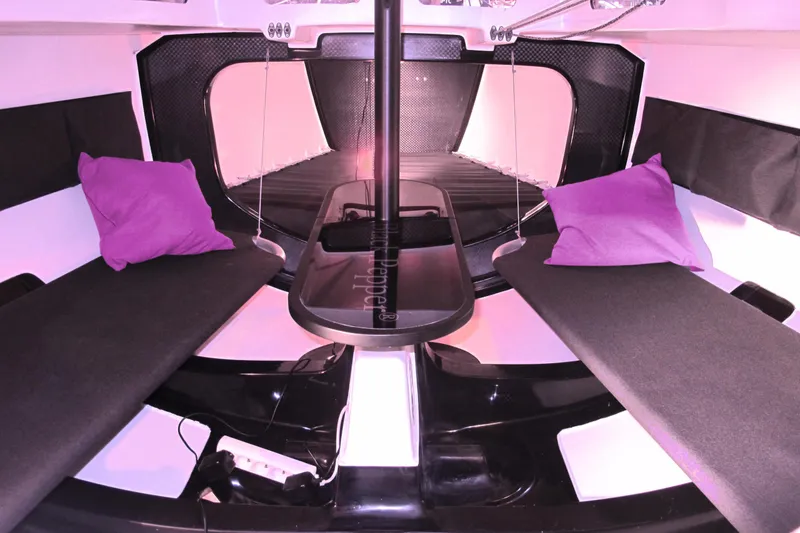 Slide: The Image of Modern boat interior with black seating, purple pillows, and sleek design, Black Pepper Code# 2025 model. - 9