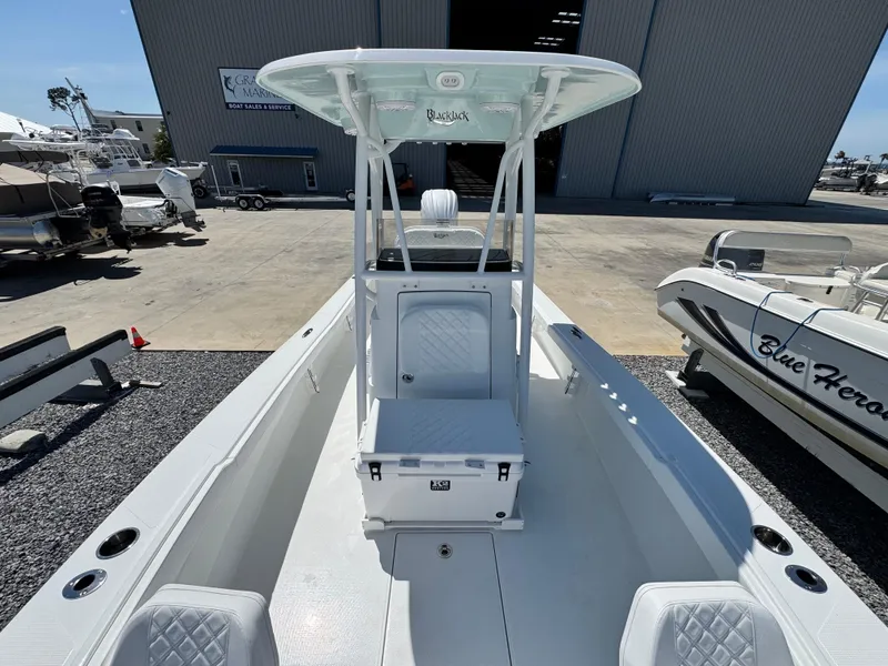 Slide: The Image of 2025 BlackJack 256 Coastal boat in marina, featuring sleek design and spacious deck. - 15