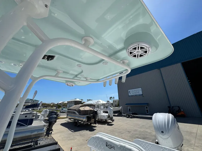 Slide: The Image of 2025 BlackJack 256 Coastal boat with T-top and speakers, docked at a marina. - 19
