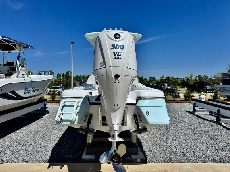 Slide: The Image of 2025 BlackJack 256 Coastal boat with powerful 300 V6 engine, displayed outdoors. - 4