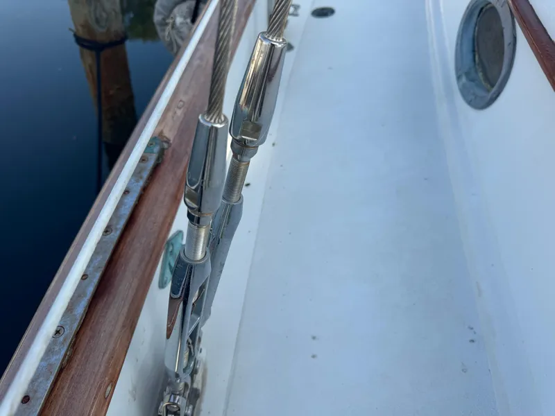 Slide: The Image of Close-up of 1989 Hans Christian 43T sailboat deck with stainless steel rigging. - 10