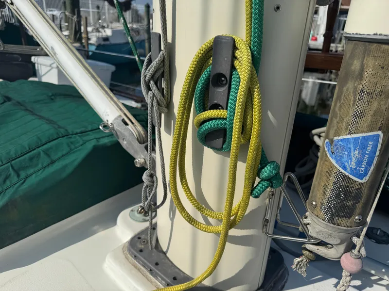 Slide: The Image of Sailboat deck with ropes and rigging on a 1989 Hans Christian 43T. - 22
