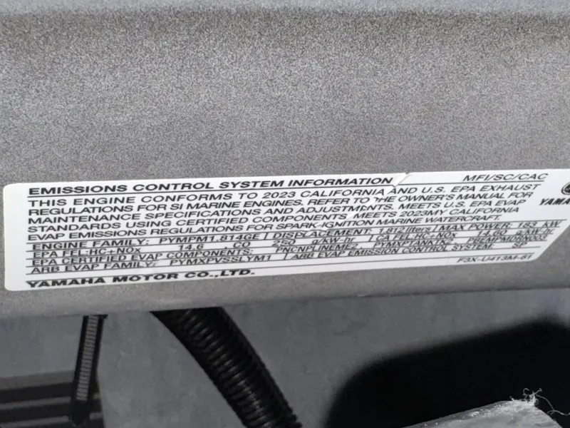 Slide: The Image of 2023 Yamaha WaveRunner GP1800R emissions control label detailing compliance with California and U.S. EPA standards. - 12
