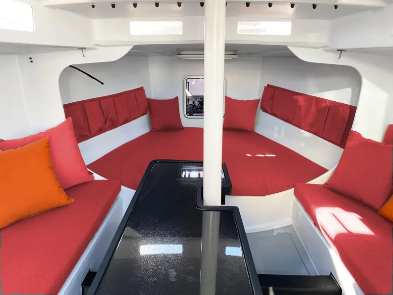 Slide: The Image of Modern yacht interior with red seating, Black Pepper Code 0.1, 2025 model. - 25