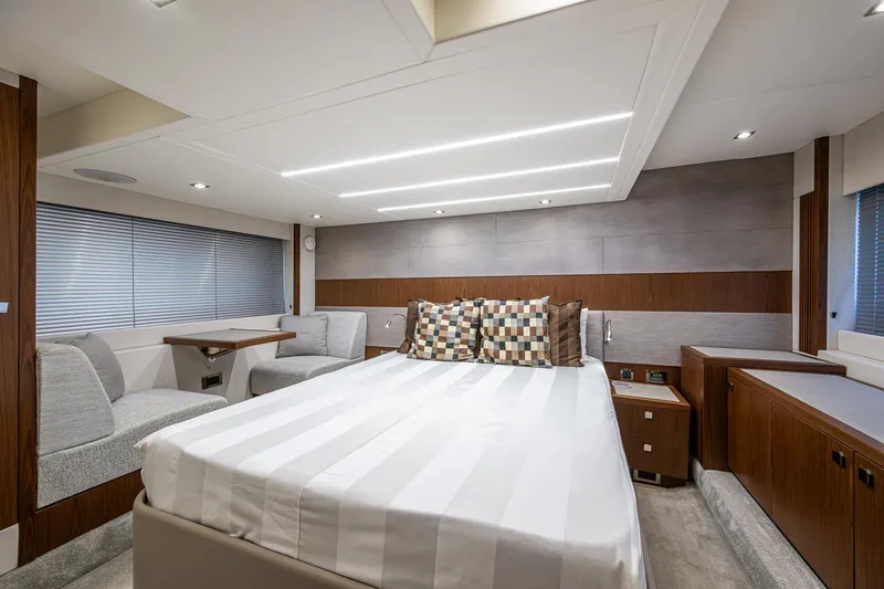 Slide: The Image of Luxurious interior of 2019 Sunseeker Predator 50 yacht with modern bedroom design. - 49