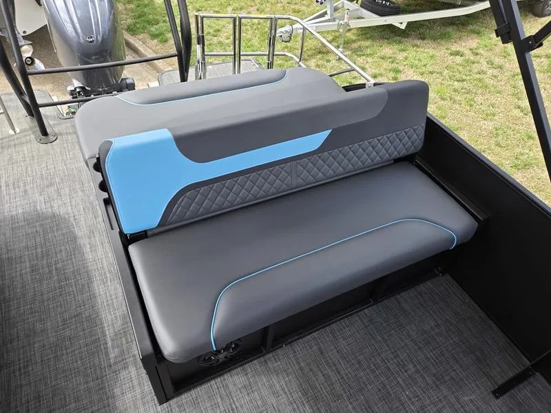 Slide: The Image of Modern seating on 2025 Godfrey Sweetwater 2286 SFLC pontoon boat, featuring stylish blue accents. - 15