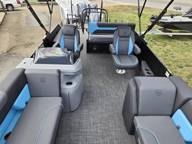 Slide: The Image of 2025 Godfrey Sweetwater 2286 SFLC pontoon boat interior with modern seating and sleek design. - 4
