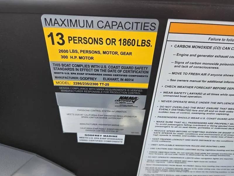 Slide: The Image of Maximum capacity label on 2025 Godfrey Sweetwater 2286 SFLC boat, 13 persons or 1860 lbs. - 8