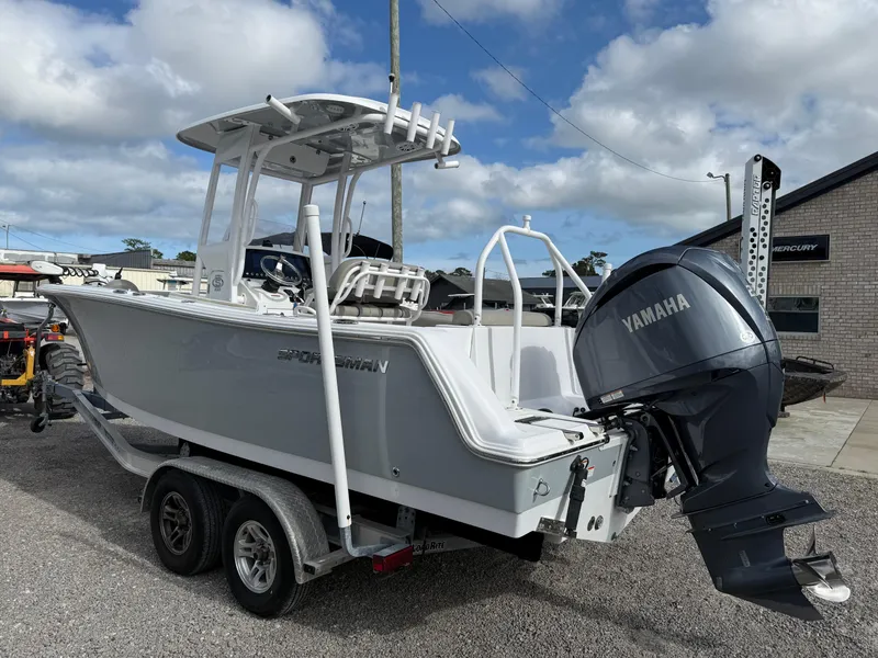 Slide: The Image of 2022 Sportsman Open 232 Center Console boat on trailer with Yamaha outboard motor. - 20