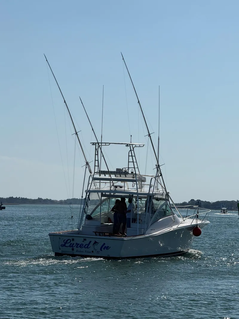 Slide: The Image of 2005 Luhrs 36 boat on water with fishing rods and two people onboard. - 6
