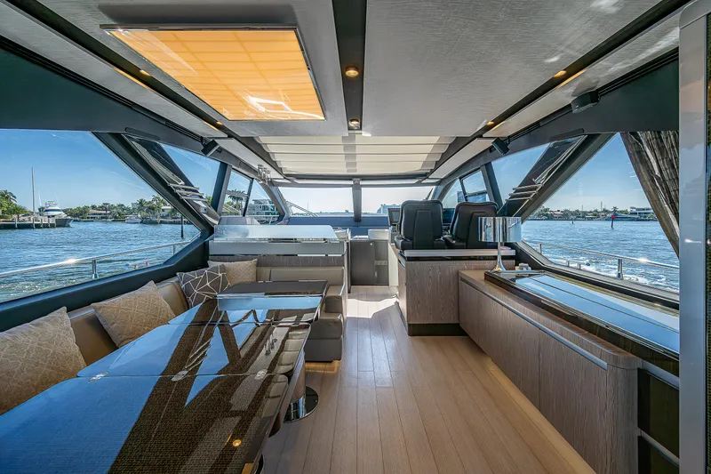 Slide: The Image of Luxurious interior of 2019 Azimut S7 yacht with panoramic windows and modern furnishings. - 36
