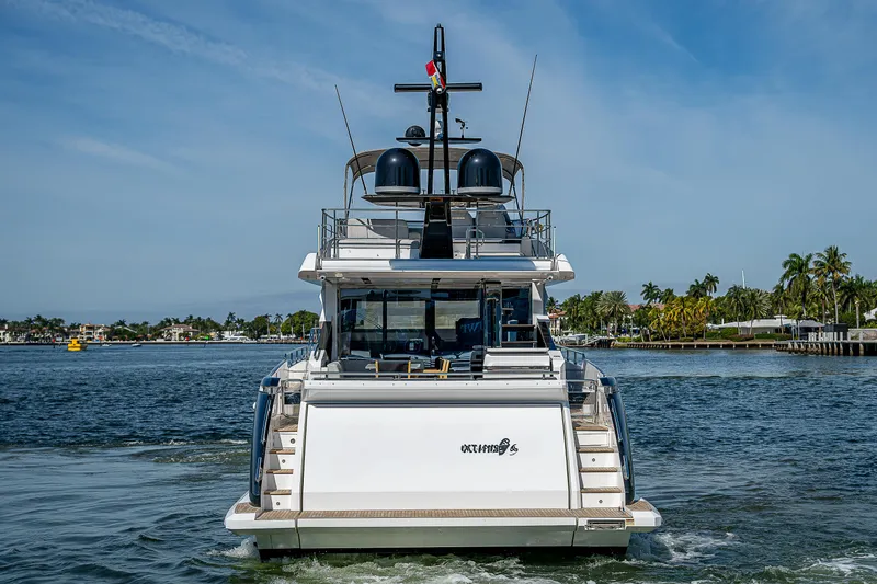 Slide: The Image of Azimut S7 2019 yacht on water, rear view, clear sky, palm trees in background. - 8