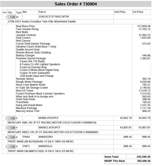 Slide: The Image of Sales order for 2022 Avalon Excalibur Elite Windshield boat with detailed pricing and specifications. - 10