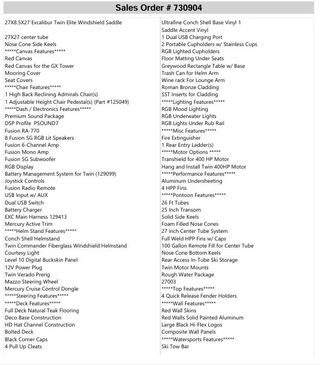 Slide: The Image of 2022 Avalon Excalibur Elite Windshield sales order with detailed features and specifications list. - 12