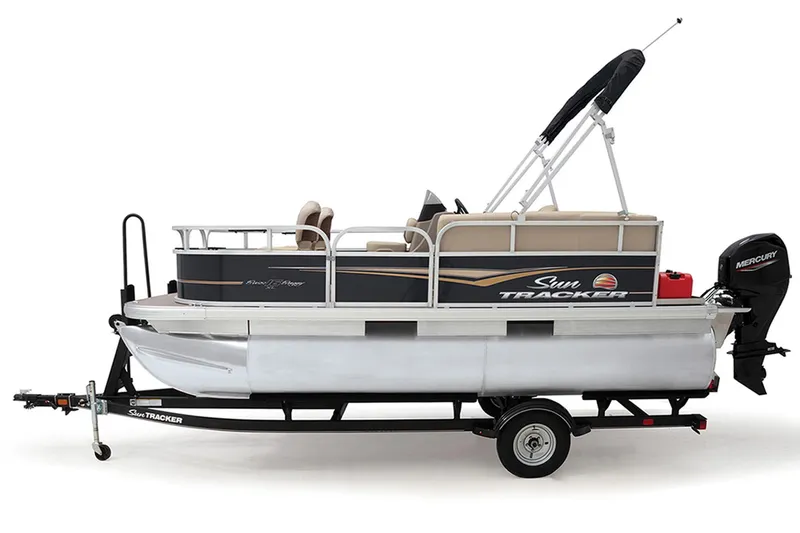 Slide: The Image of 2023 Sun Tracker Bass Buggy 16 XL Select pontoon boat on trailer, side view. - 4