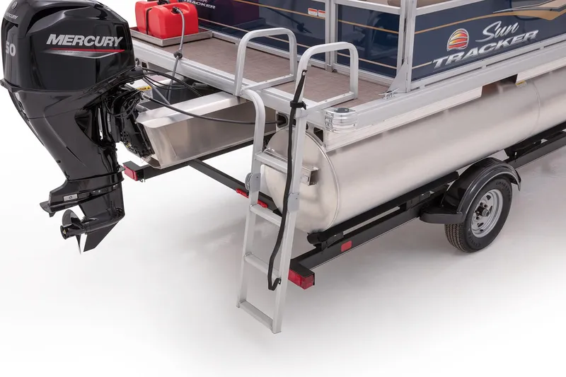 Slide: The Image of 2023 Sun Tracker Bass Buggy 16 XL Select pontoon boat with Mercury engine and boarding ladder. - 6