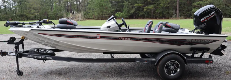 Slide: The Image of 2022 Ranger RT178 fishing boat on trailer, side view, outdoors. - 1