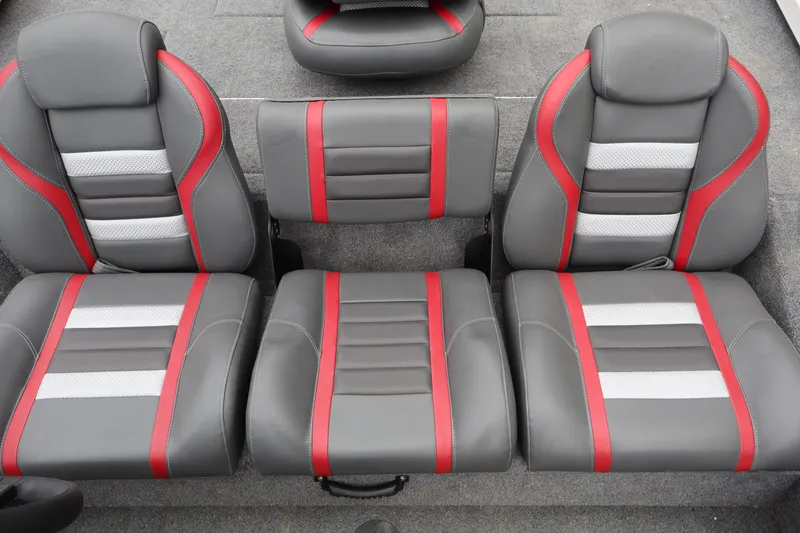 Slide: The Image of 2022 Ranger RT178 boat seats with gray, red, and white upholstery. - 5