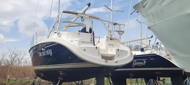 The Image of Sailboat on stands, Hunter 460 model, 2001, with blue hull and white deck. - 0