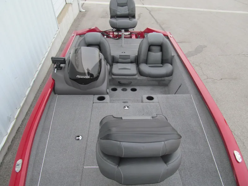 Slide: The Image of 2020 Tracker Pro Team 190 TX Tournament Edition boat with gray seating and red exterior. - 10