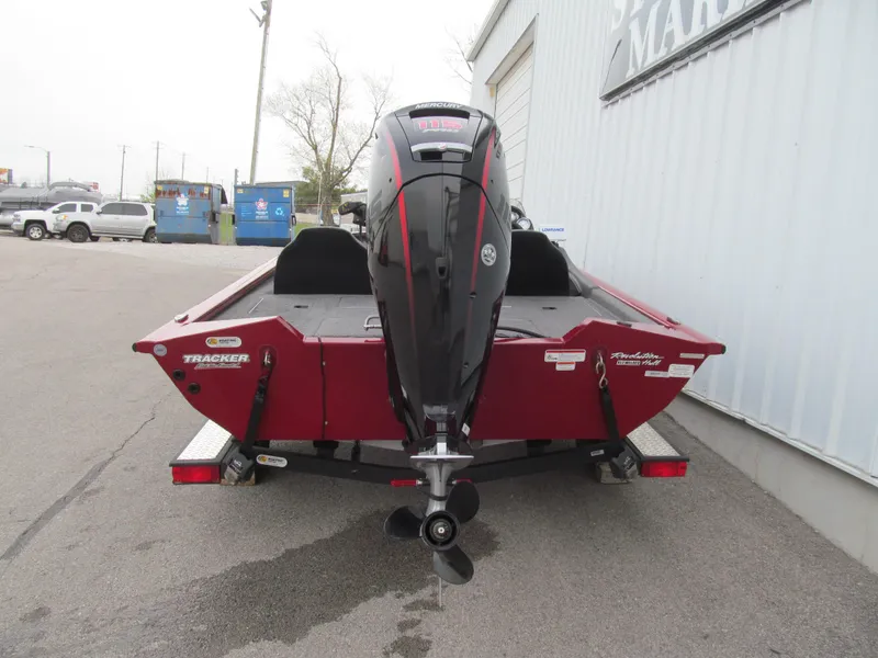 Slide: The Image of 2020 Tracker Pro Team 190 TX Tournament Edition boat, rear view, parked on trailer. - 4