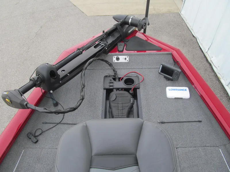 Slide: The Image of 2020 Tracker Pro Team 190 TX Tournament Edition boat deck with trolling motor and Lowrance fish finder. - 9